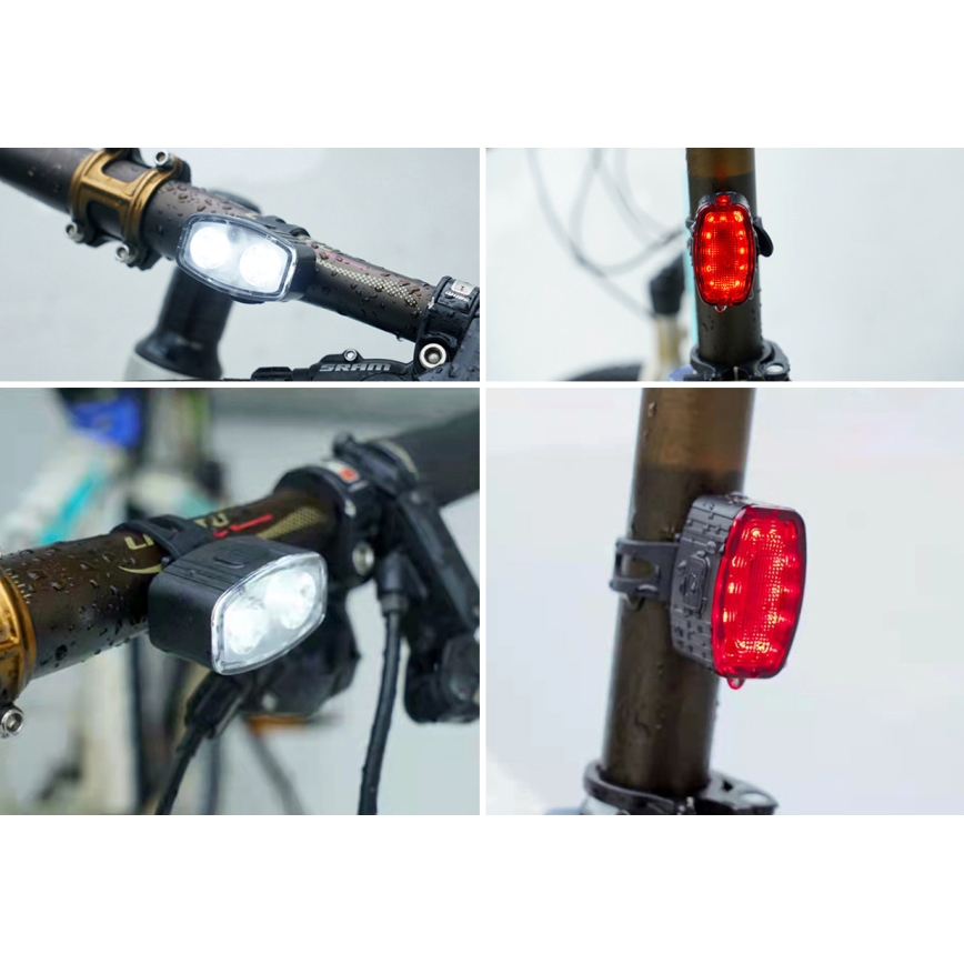 SET 2x LED Luminaire vélo rechargeable à intensité variable 350 mAh IP44 rouge/blanc