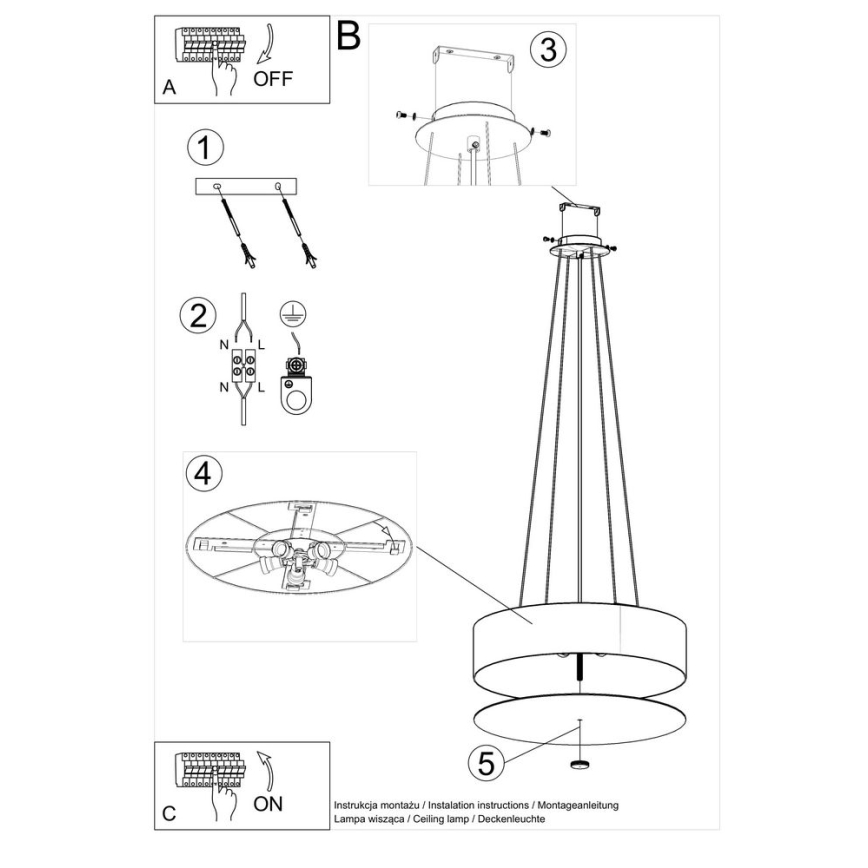 Suspension filaire SKALA 5xE27/60W/230V d. 50 cm blanche