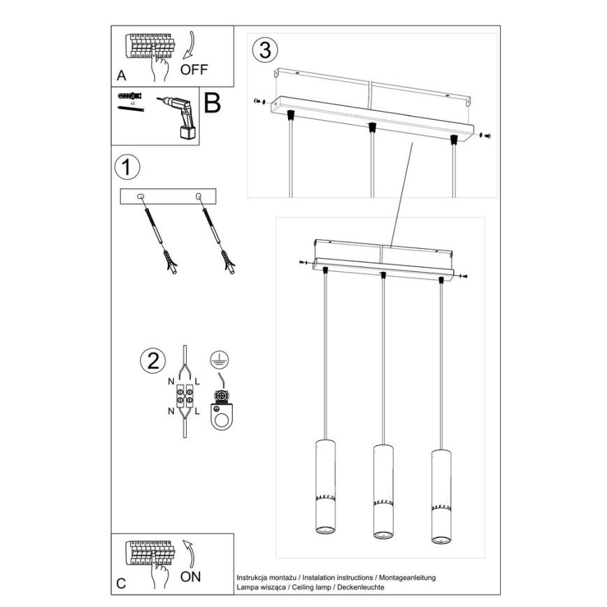 Suspension filaire LOOPEZ 3xGU10/10W/230V noir/chrome brillant