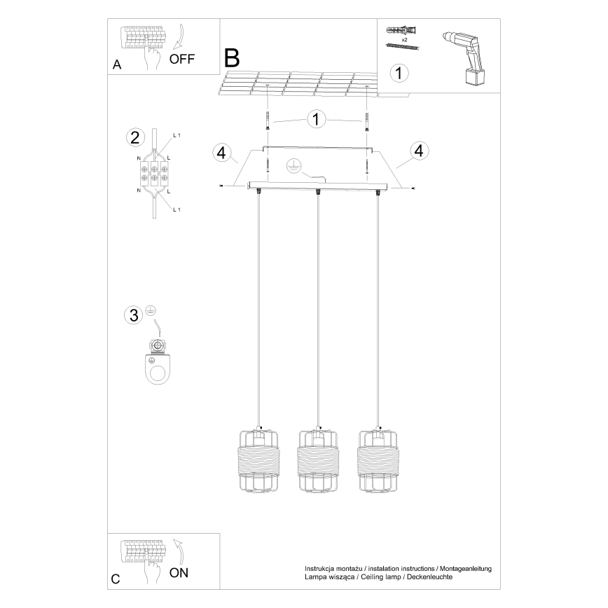 Suspension filaire GIZUR 3xE27/15W/230V