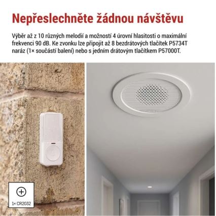 Sonnette sans fil encastrable 230V + 1xCR2032 blanche