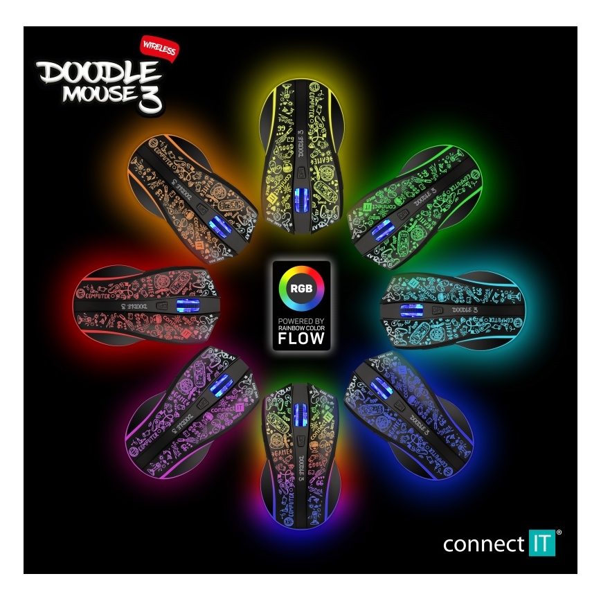 Souris de jeu sans fil LED RGB rechargeable 800/1200/1600/2400/4800 DPI 600 mAh noir CONNECT IT CMO-3530-DD