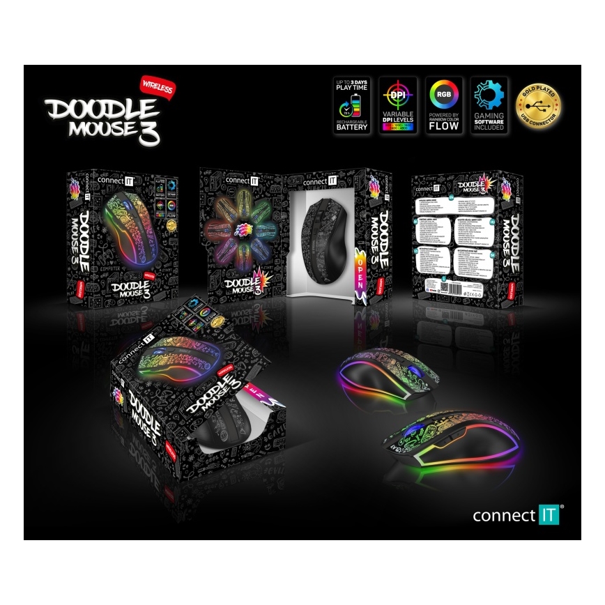 Souris de jeu sans fil LED RGB rechargeable 800/1200/1600/2400/4800 DPI 600 mAh noir CONNECT IT CMO-3530-DD