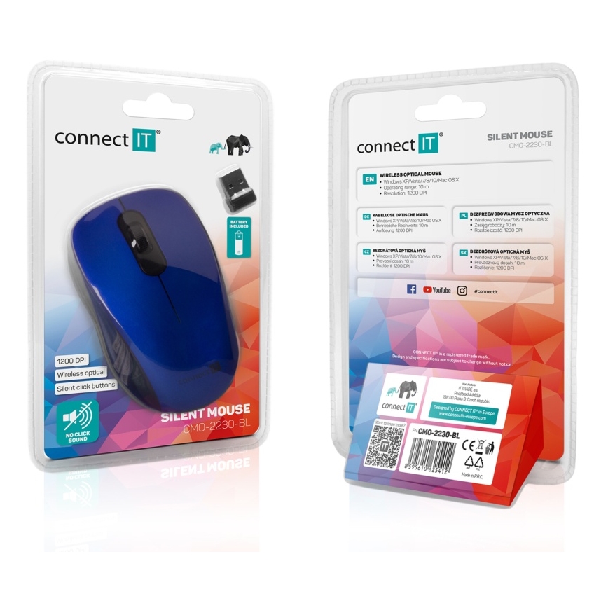 Souris sans fil silencieuse MUTE 1200 DPI 1xAA noir/bleu CONNECT IT CMO-2230-BL