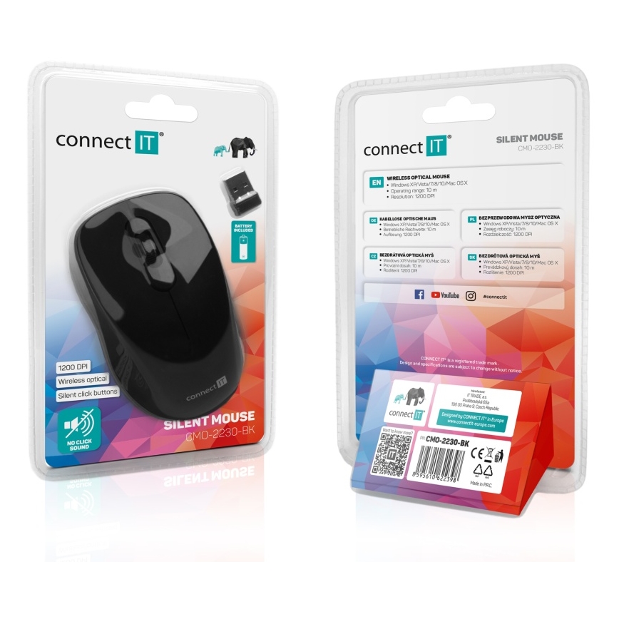 Souris sans fil silencieuse MUTE 1200 DPI 1xAA noir CONNECT IT CMO-2230-BK