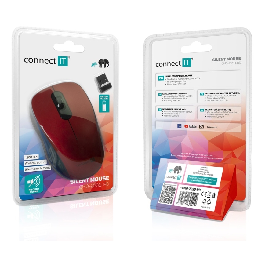 Souris sans fil silencieuse MUTE 1200 DPI 1xAA noir/rouge CONNECT IT CMO-2230-RD