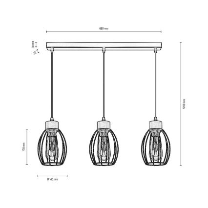 Suspension filaire GUNNAR 3xE27/60W/230V chêne - certifié FSC