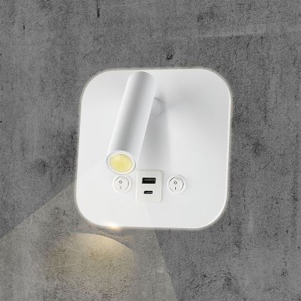 Spot mural LED avec port USB, 8 W, 230 V, 3000 K, blanc
