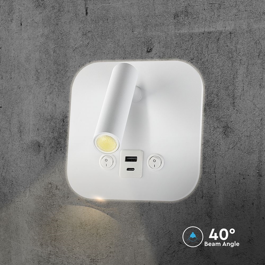 Spot mural LED avec port USB, 8 W, 230 V, 3000 K, blanc