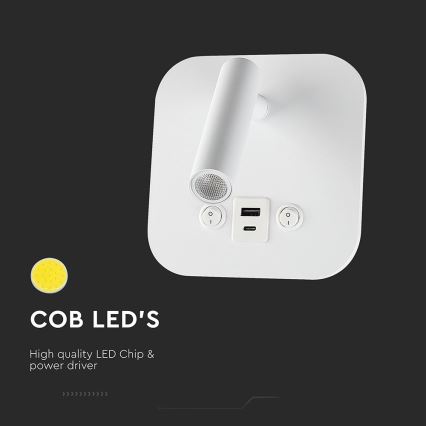 Spot mural LED avec port USB, 8 W, 230 V, 3000 K, blanc