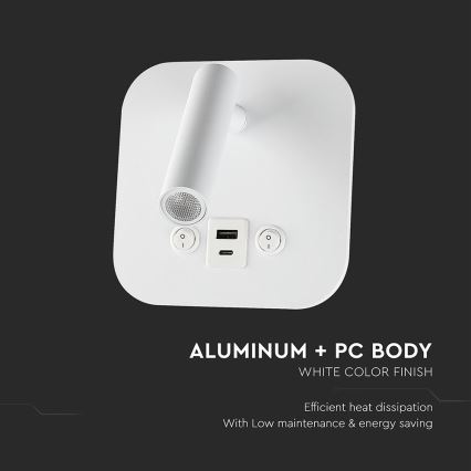 Spot mural LED avec port USB, 8 W, 230 V, 3000 K, blanc