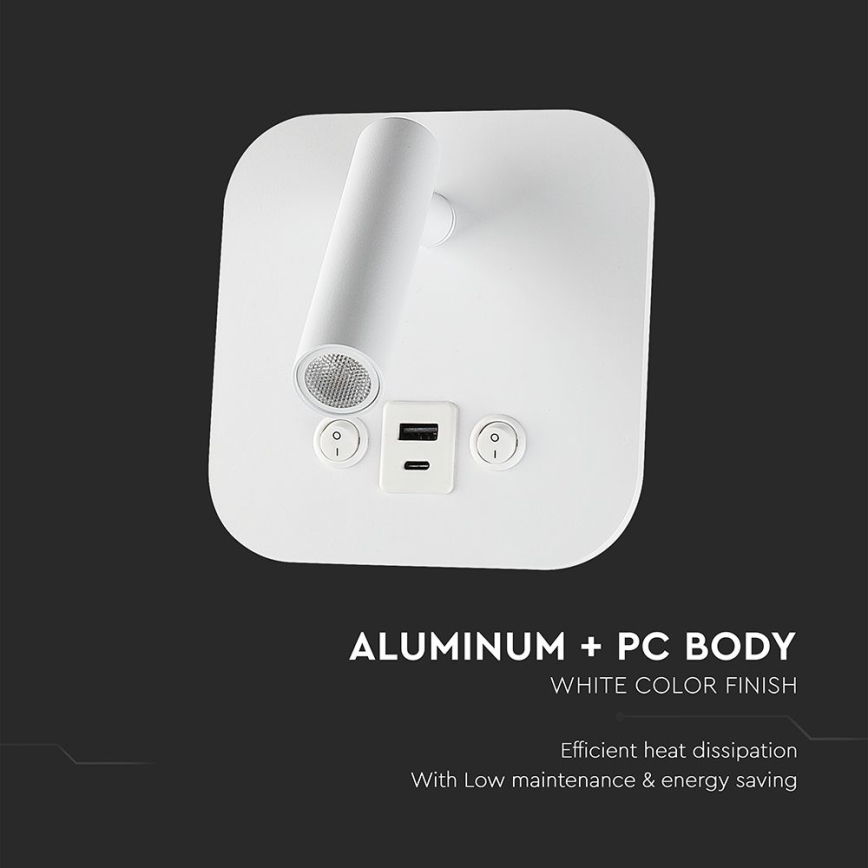 Spot mural LED avec port USB, 8 W, 230 V, 3000 K, blanc