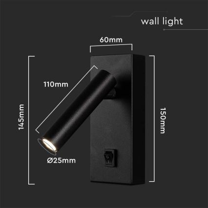 Spot mural LED LED/2W/230V 4000K noir