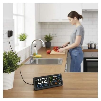 Station météo avec écran LCD couleur et réveil, alimentation 5V, 3xAAA + 2xAA, noir