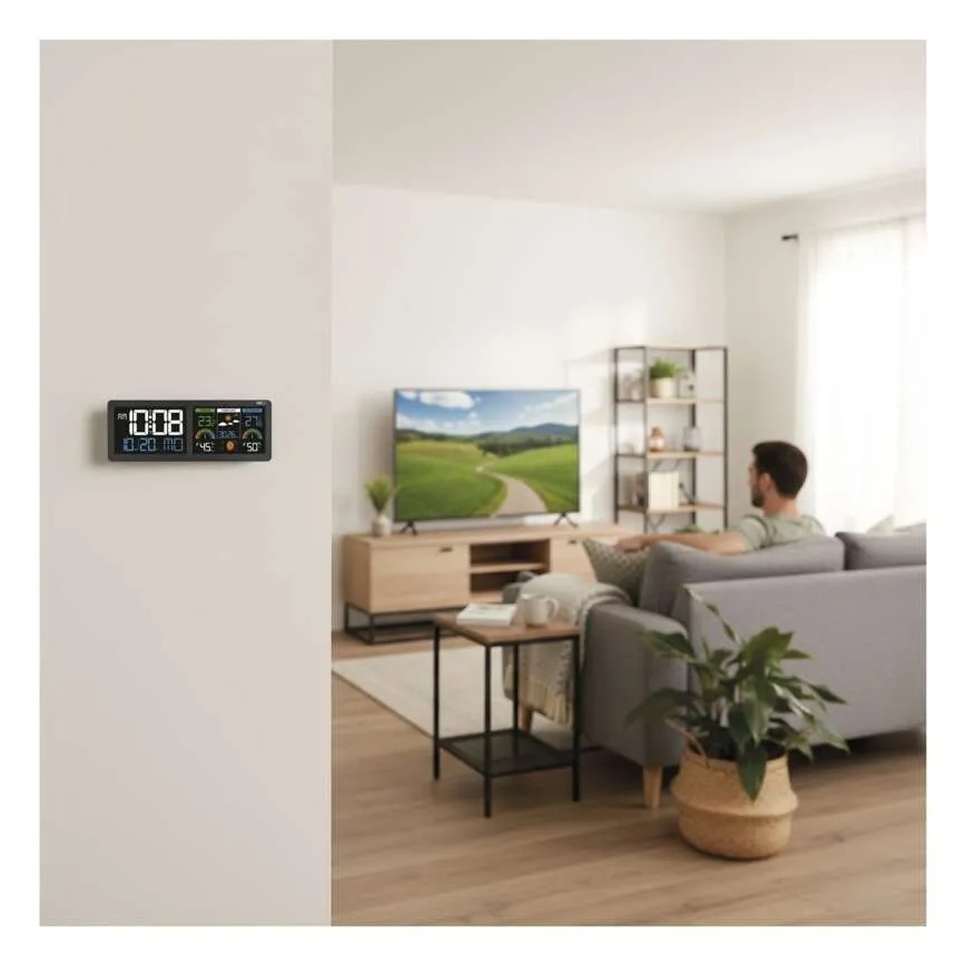 Station météo avec écran LCD couleur et réveil, alimentation 5V, 3xAAA + 2xAA, noir