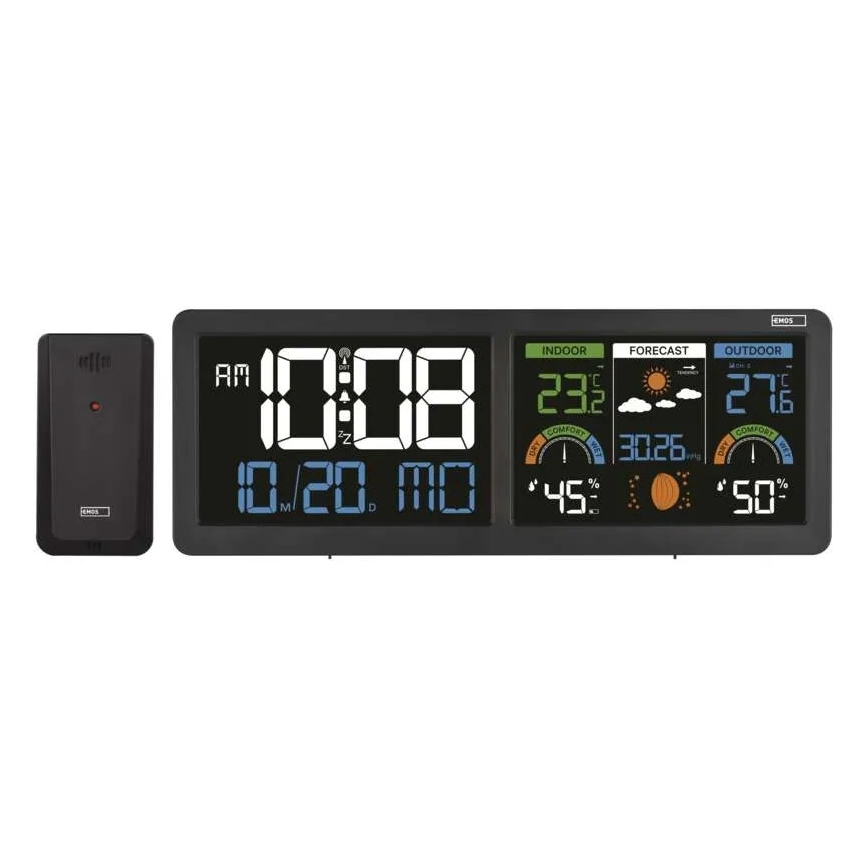 Station météo avec écran LCD couleur et réveil, alimentation 5V, 3xAAA + 2xAA, noir