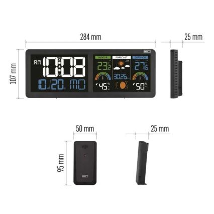 Station météo avec écran LCD couleur et réveil, alimentation 5V, 3xAAA + 2xAA, noir