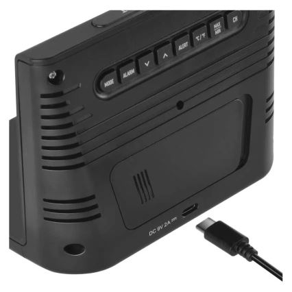 Station météo avec recharge sans fil 5V, alimentation 2x AA + 2x AAA, noire