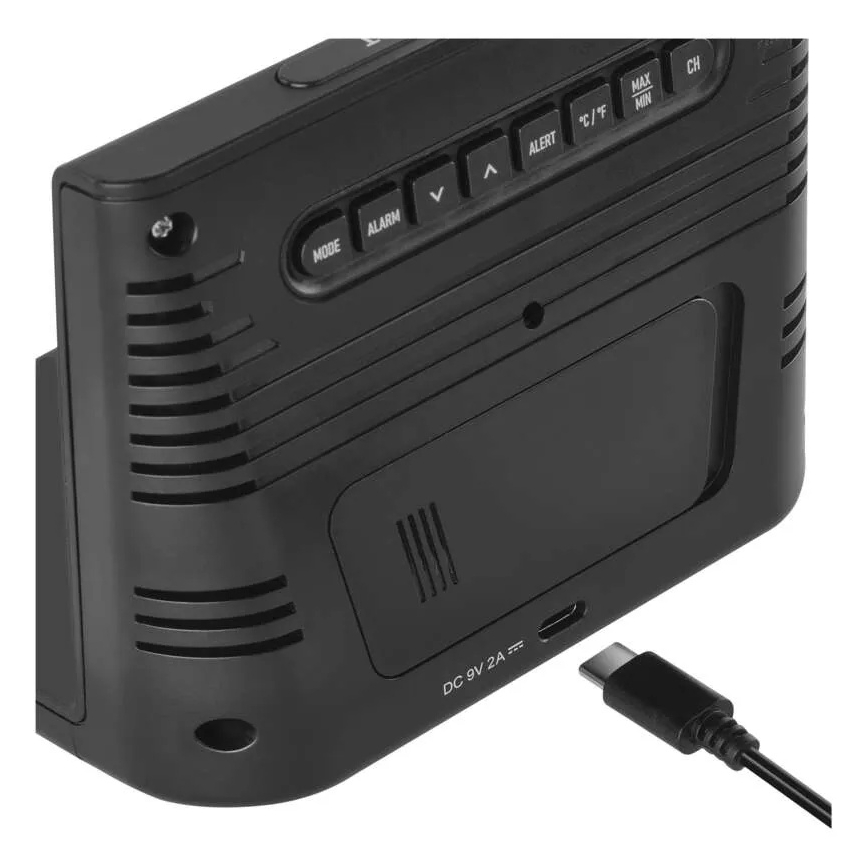 Station météo avec recharge sans fil 5V, alimentation 2x AA + 2x AAA, noire