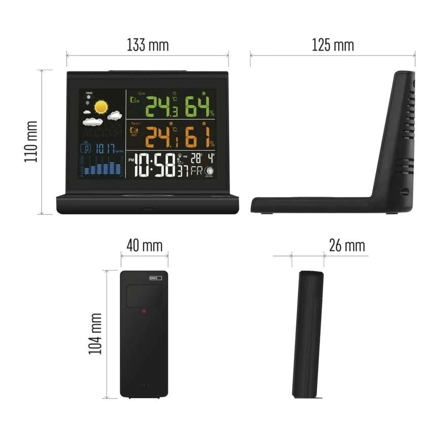 Station météo avec recharge sans fil 5V, alimentation 2x AA + 2x AAA, noire