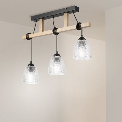 Suspension à câble LEANDRA 3x E27/15 W/230 V chêne/noir