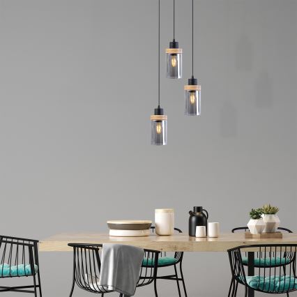 Suspension à câble WOODNEST 3xE27/15W/230V pin/noir fumé