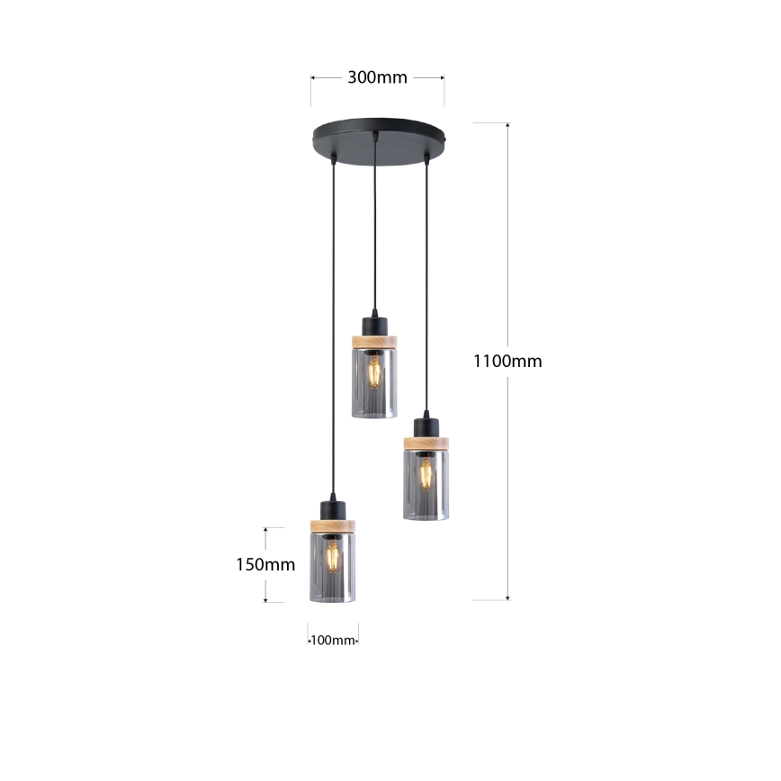 Suspension à câble WOODNEST 3xE27/15W/230V pin/noir fumé