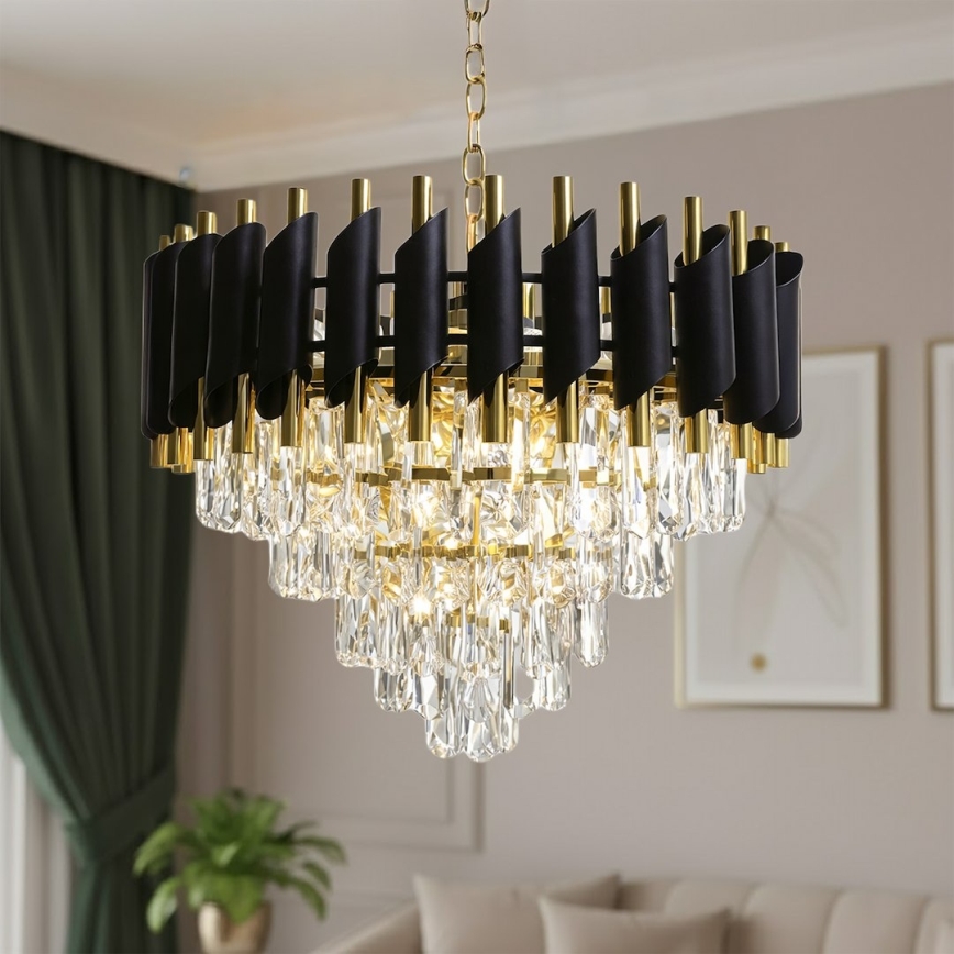 Suspension à chaîne CRISTAL 7xE14/10W/230V Ø 48 cm noir/doré