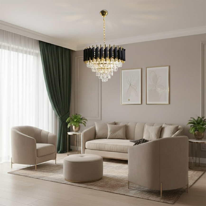 Suspension à chaîne CRISTAL 7xE14/10W/230V Ø 48 cm noir/doré