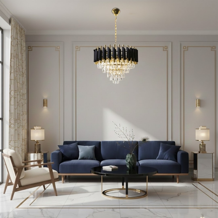 Suspension à chaîne CRISTAL 7xE14/10W/230V Ø 48 cm noir/doré