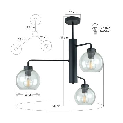 Suspension-barre FLEX 3xE27/60W/230V noir/transparent