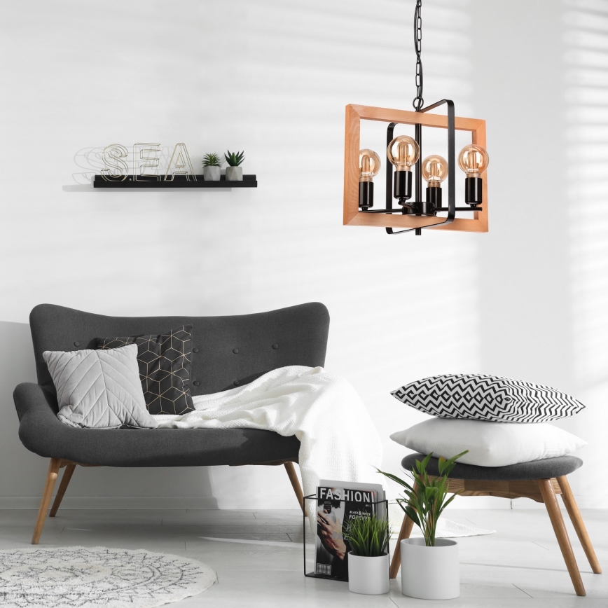 Suspension chaîne CEDRIC 4xE27/60W/230V hêtre/marron