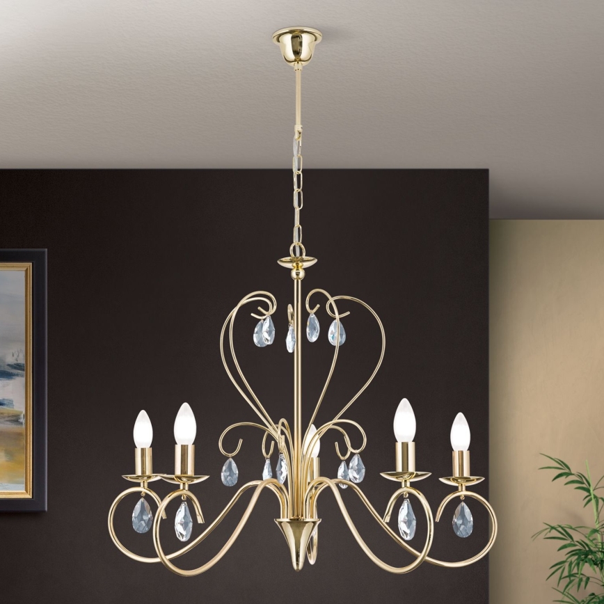 Suspension chaîne en cristal ALESSIA 5xE14/40W/230V doré