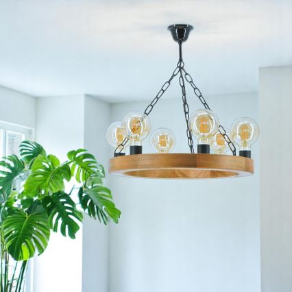 Suspension chaîne IOS 6xE27/60W/230V d. 50 cm hêtre - FSC certifié