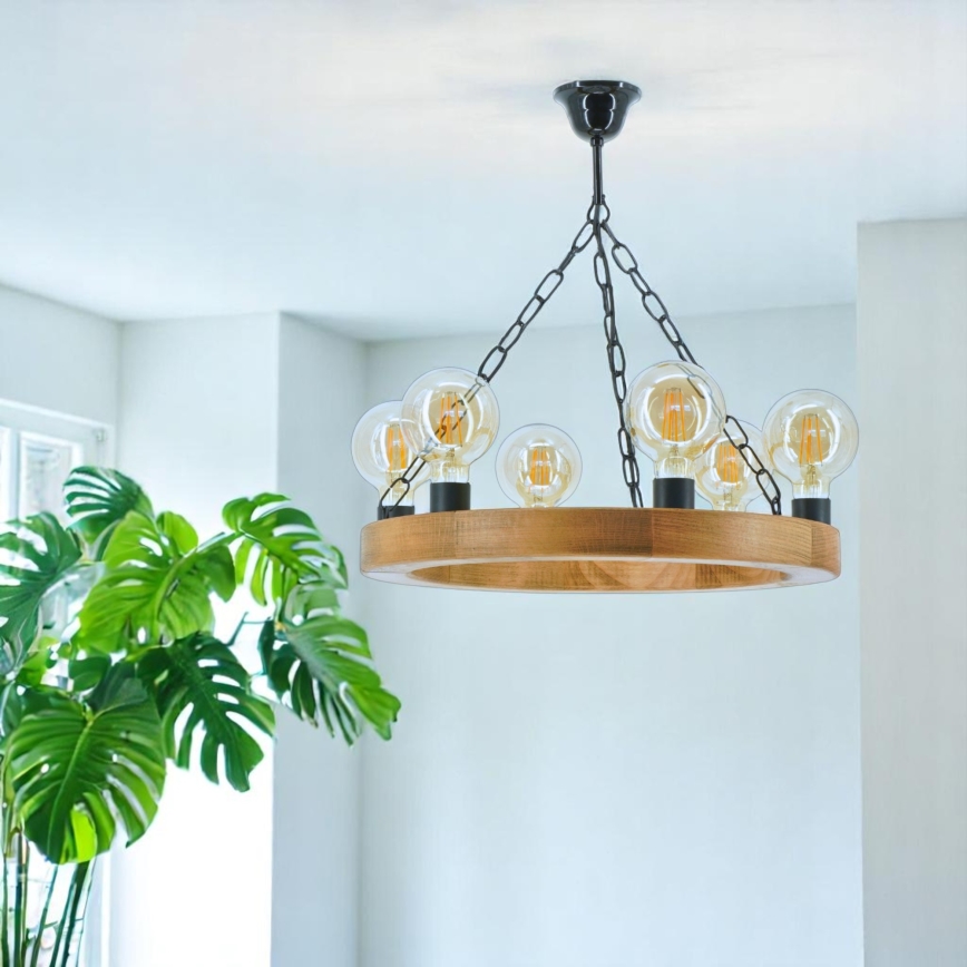 Suspension chaîne IOS 6xE27/60W/230V d. 50 cm hêtre - FSC certifié