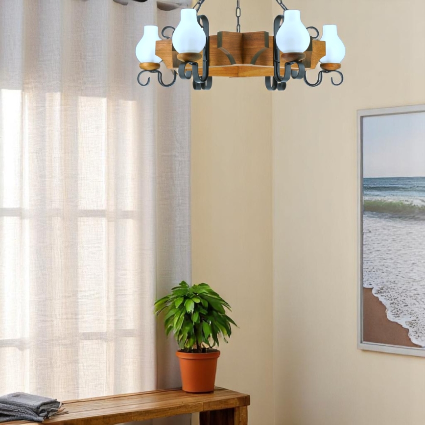 Suspension chaîne QUEEN 6xE14/40W/230V hêtre - FSC certifié