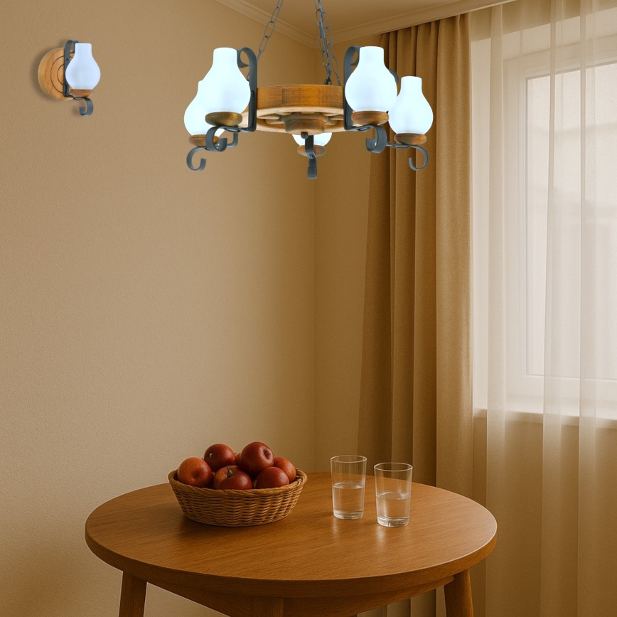 Suspension chaîne ROATA 5xE14/40W/230V d. 30 cm hêtre - FSC certifié