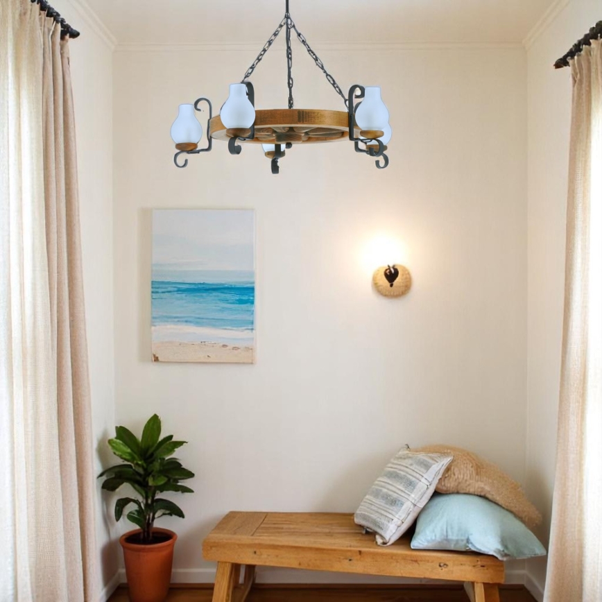 Suspension chaîne ROATA 5xE14/40W/230V d. 70 cm hêtre - FSC certifié