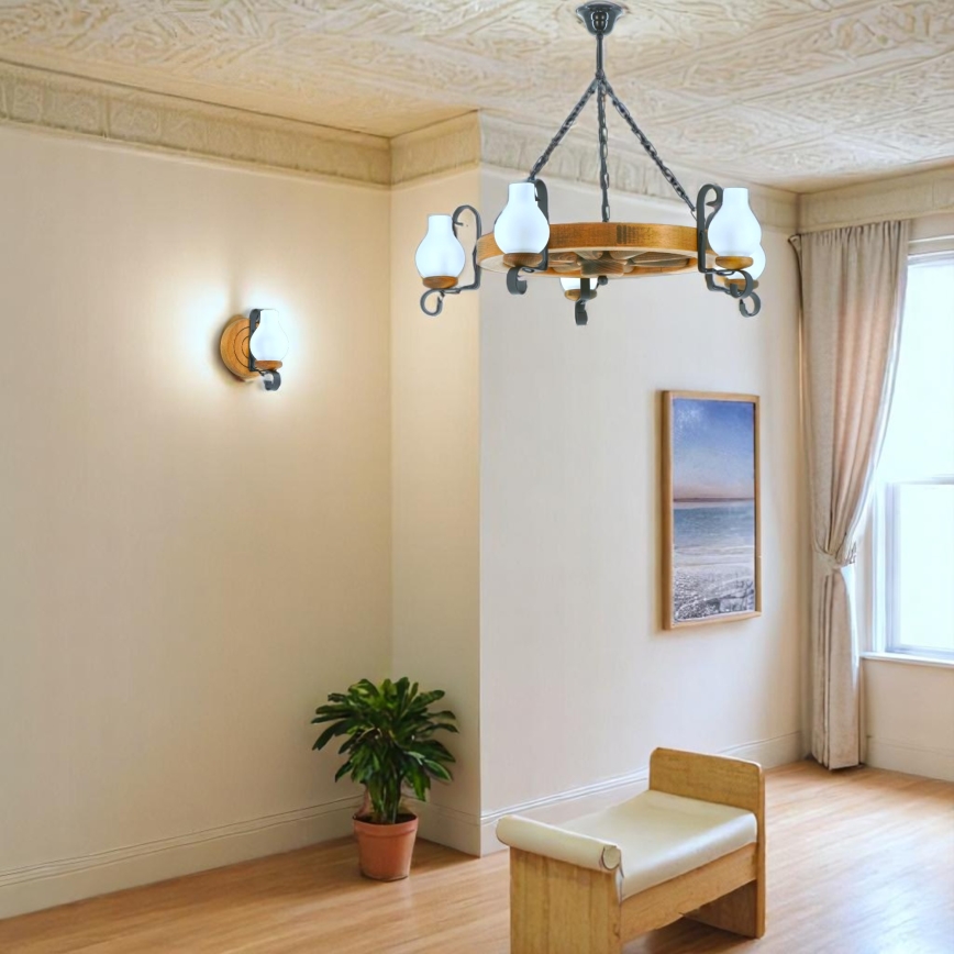 Suspension chaîne ROATA 5xE14/40W/230V d. 70 cm hêtre - FSC certifié