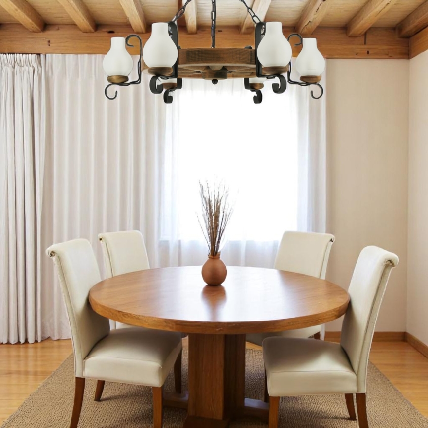 Suspension chaîne ROATA 6xE14/40W/230V d. 70 cm hêtre - FSC certifié