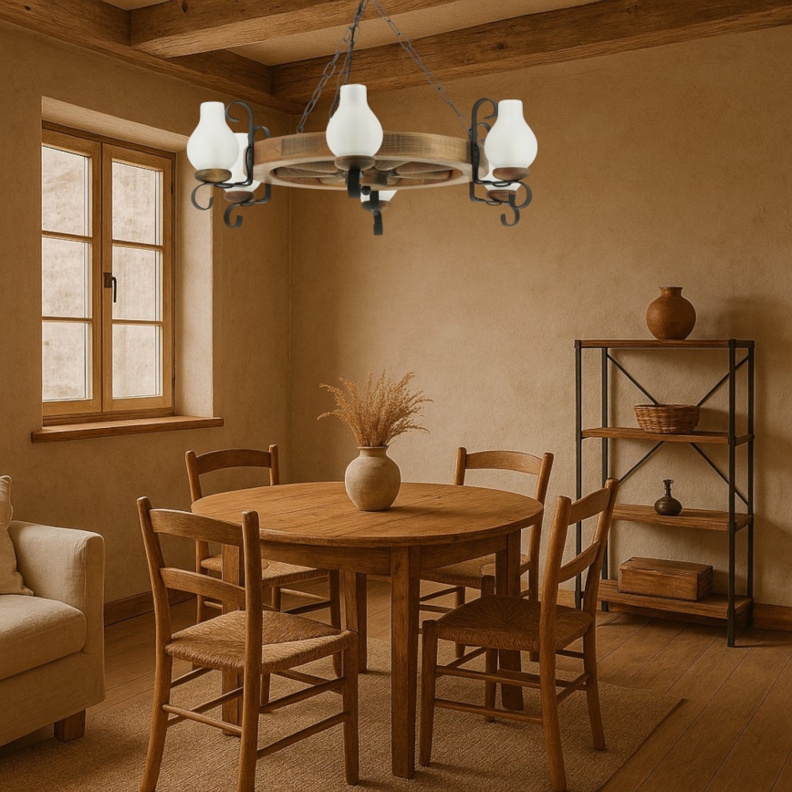 Suspension chaîne ROATA 6xE14/40W/230V d. 70 cm hêtre - FSC certifié