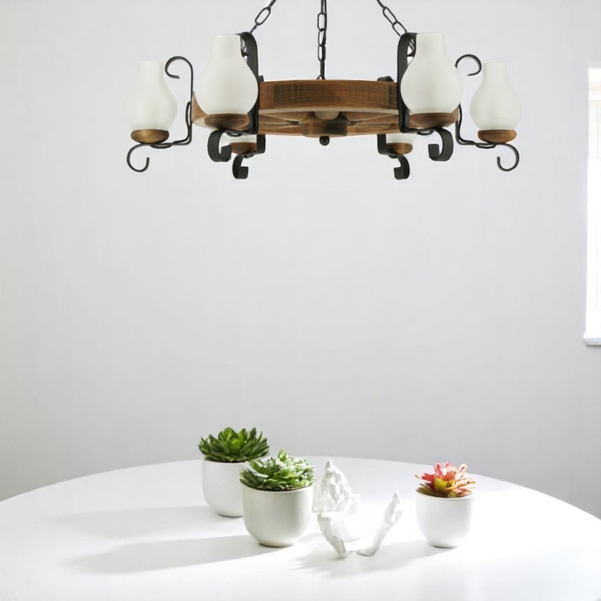 Suspension chaîne ROATA 6xE14/40W/230V d. 70 cm hêtre - FSC certifié