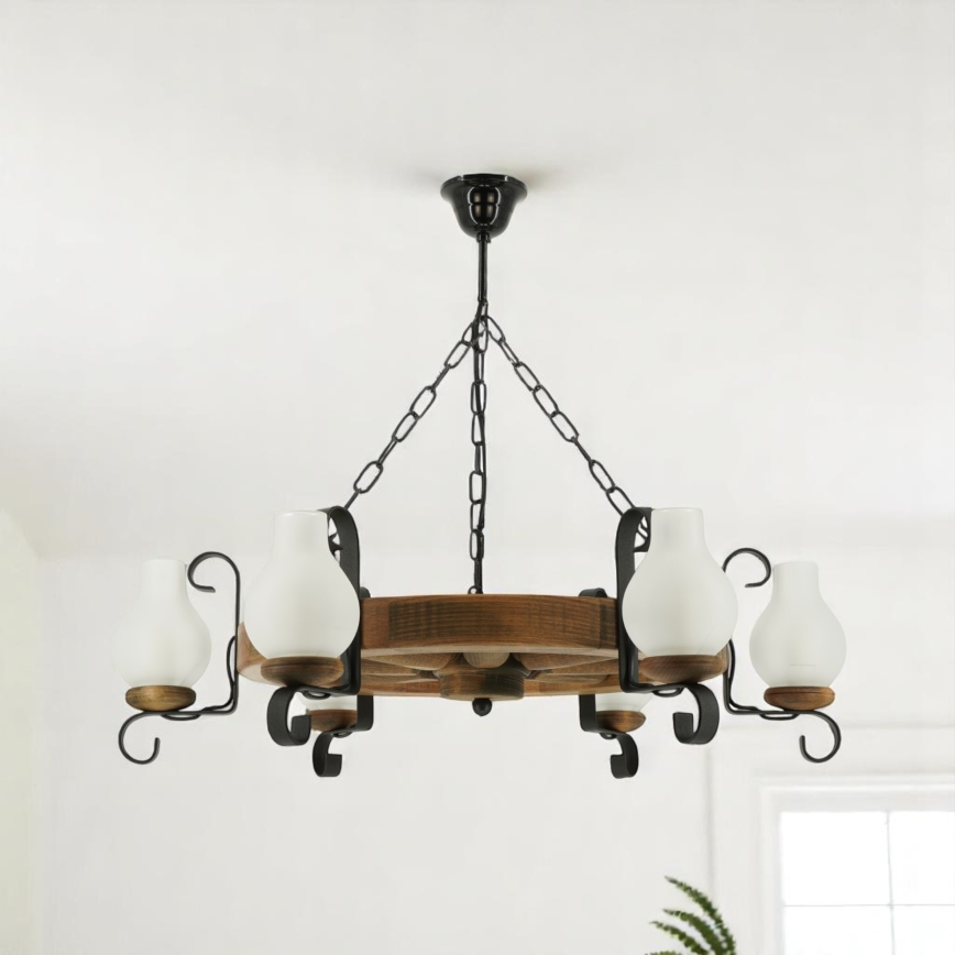 Suspension chaîne ROATA 6xE14/40W/230V d. 70 cm hêtre - FSC certifié