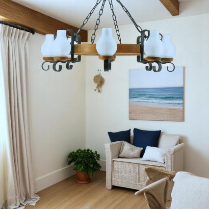 Suspension chaîne ROATA 8xE14/40W/230V d. 70 cm hêtre - FSC certifié