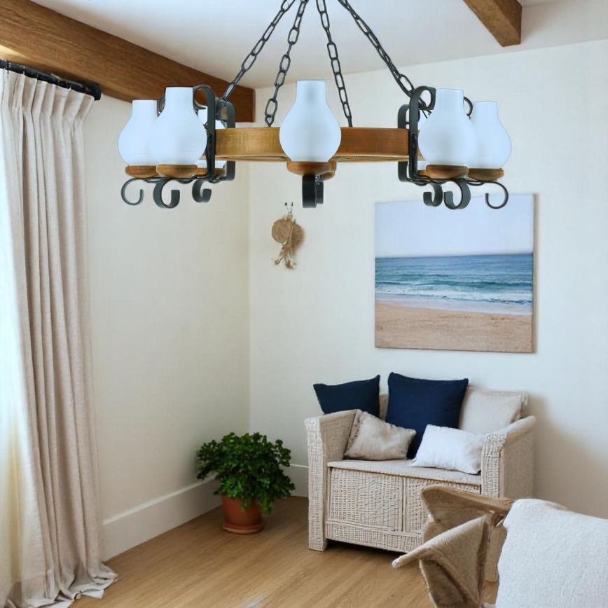 Suspension chaîne ROATA 8xE14/40W/230V d. 70 cm hêtre - FSC certifié