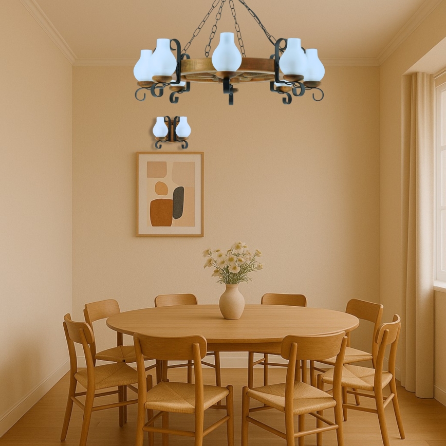 Suspension chaîne ROATA 8xE14/40W/230V d. 70 cm hêtre - FSC certifié