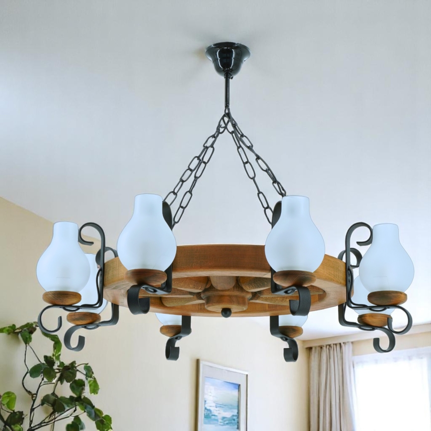 Suspension chaîne ROATA 8xE14/40W/230V d. 70 cm hêtre - FSC certifié