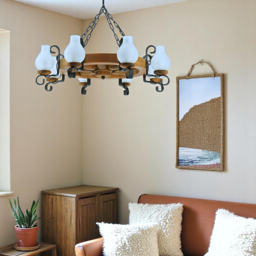 Suspension chaîne ROATA 8xE14/40W/230V d. 70 cm hêtre - FSC certifié