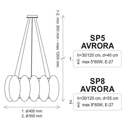 Suspension avec fil AURORA 8xE27/60W/230V