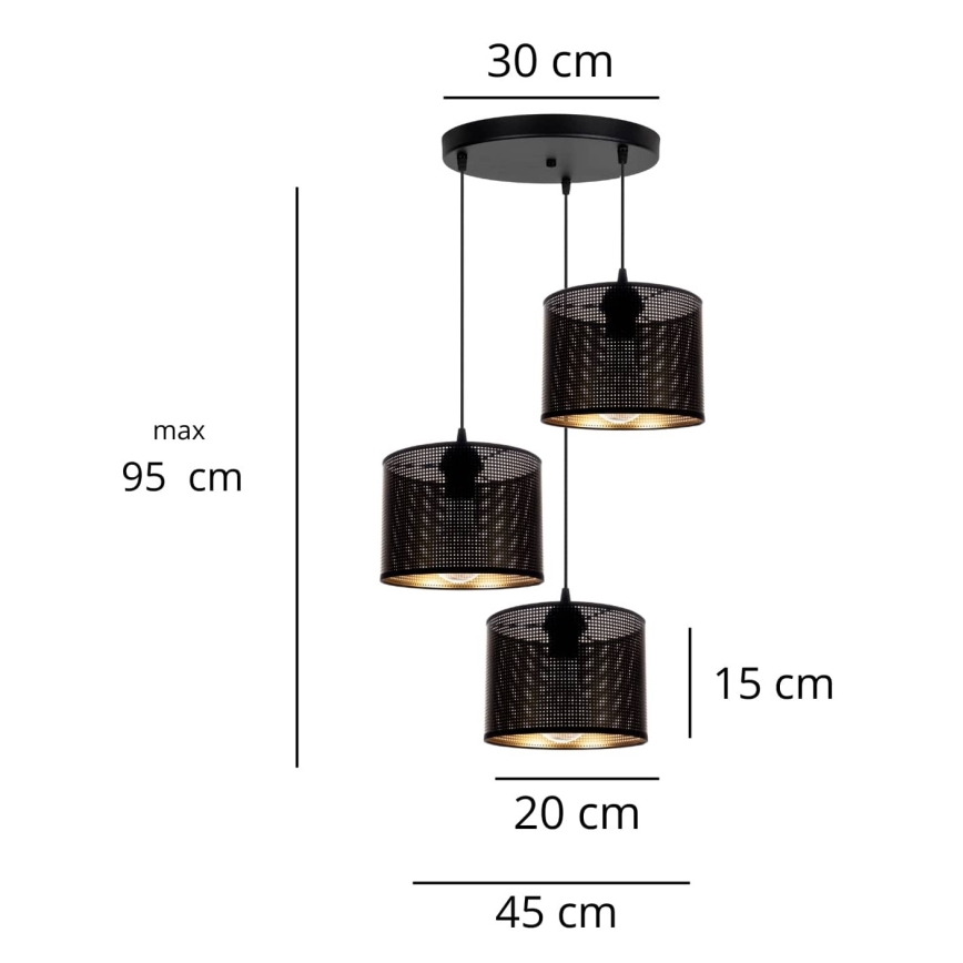 Suspension filaire ALDO 3xE27/60W/230V diam. 45 cm noir